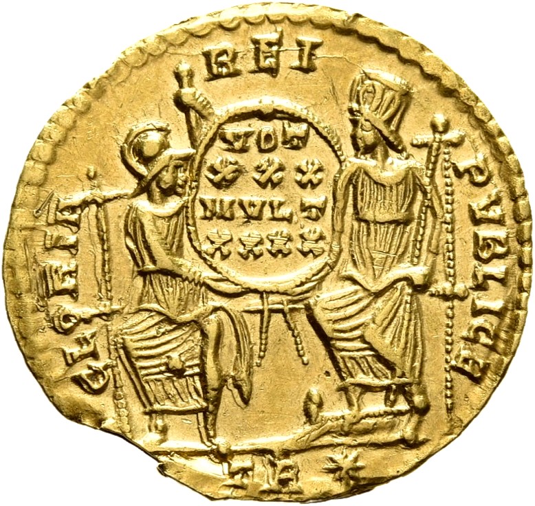 RIC VIII Treveri 345 Constantius II reverse, Roma, helmeted, draped, enthroned front, head right, and Constantinopolis, dr...