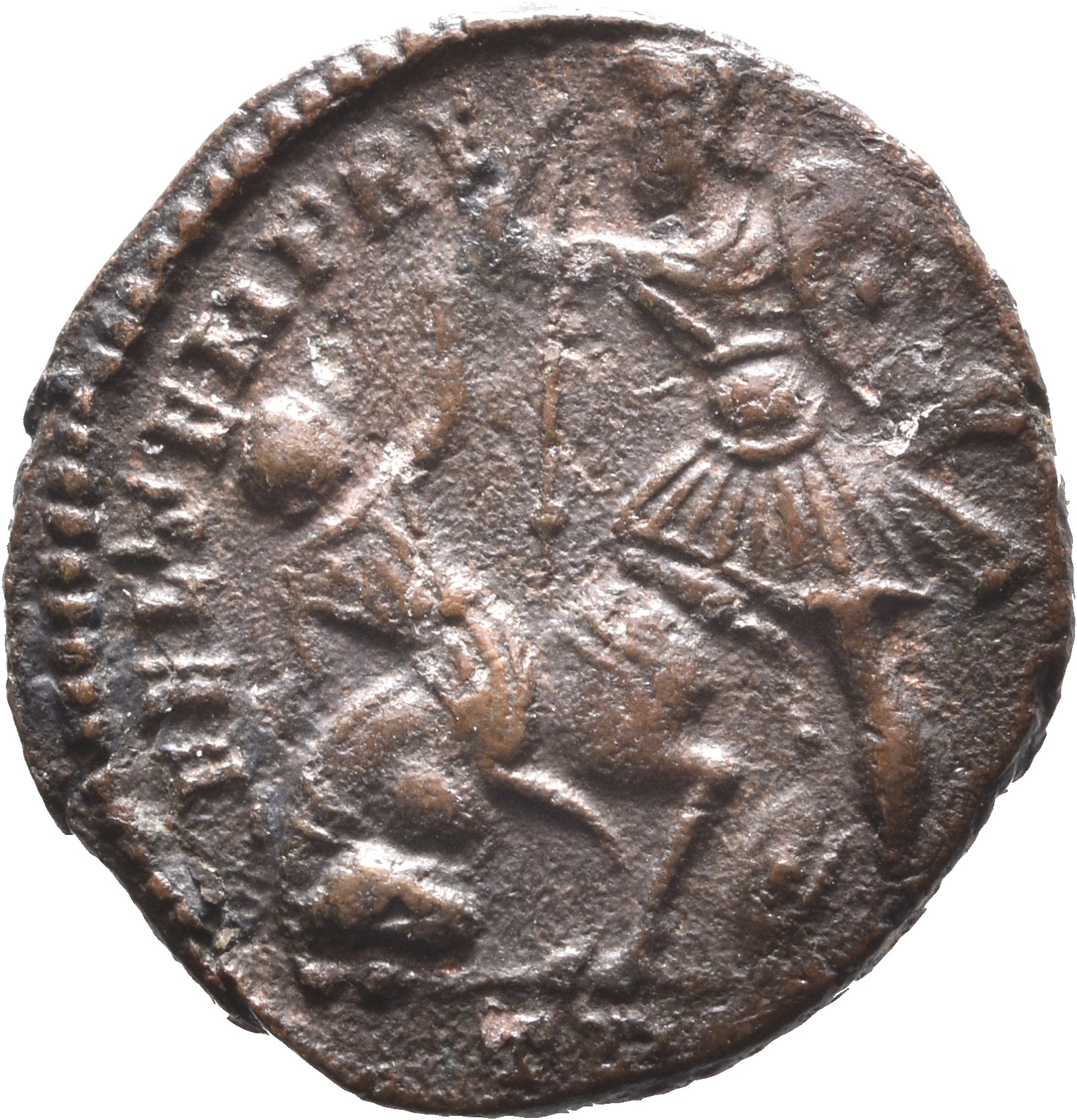 RIC VIII Treveri 350 Constantius II reverse, Soldier, helmeted, draped, cuirassed, advancing left, spearing fallen horsema...