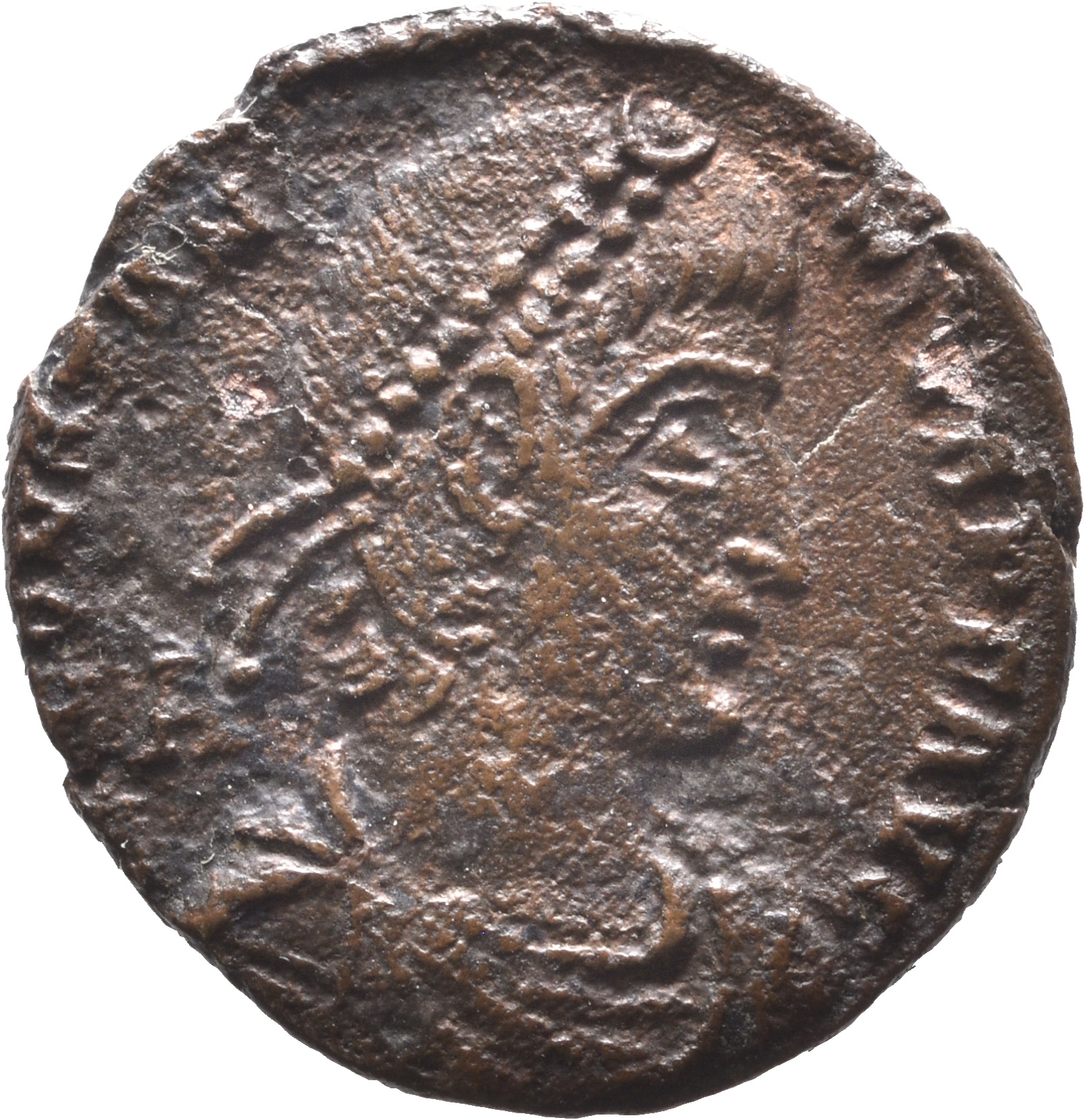 RIC VIII Treveri 350 Constantius II obverse, Bust of Constantius II, pearl-diademed, draped, cuirassed, right; A behind bust