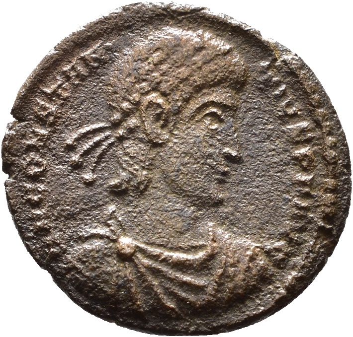 RIC VIII Treveri 359 Constantius II obverse, Bust of Constantius II, pearl-diademed, draped, cuirassed, right