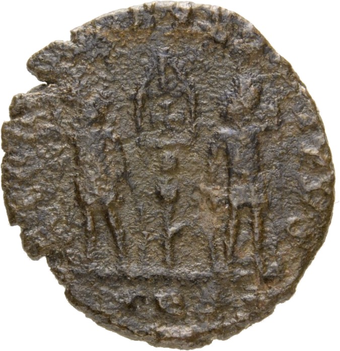 RIC VIII Treveri 40 Constantine II reverse, Two soldiers, helmeted, draped, cuirassed, facing front, heads toward each oth...
