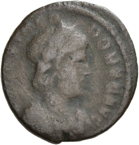 RIC VIII Treveri 43 Constantine II obverse, Bust of Theodora, hair elaborately dressed, wearing plain mantle and necklace,...