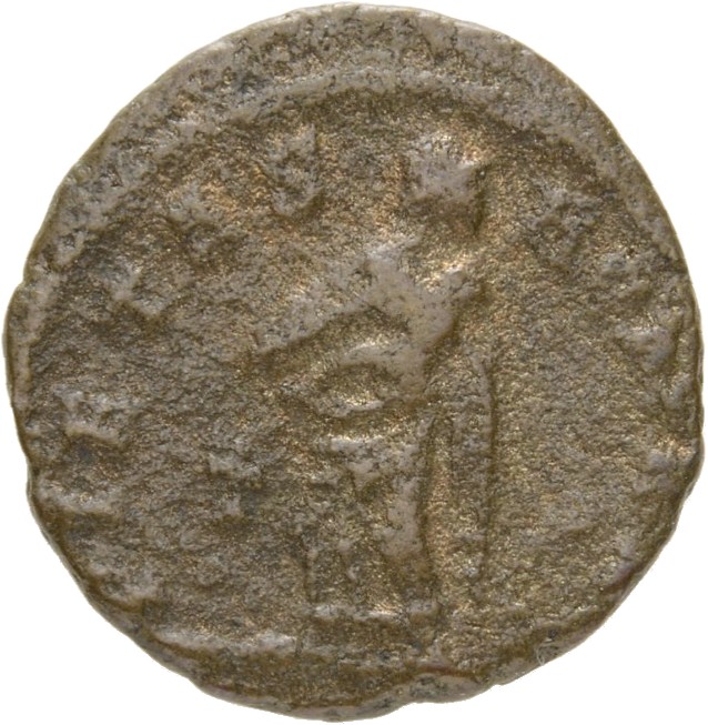 RIC VIII Treveri 43 Constantine II reverse, Pietas, draped, standing front, head right, carrying an infant at her breast i...