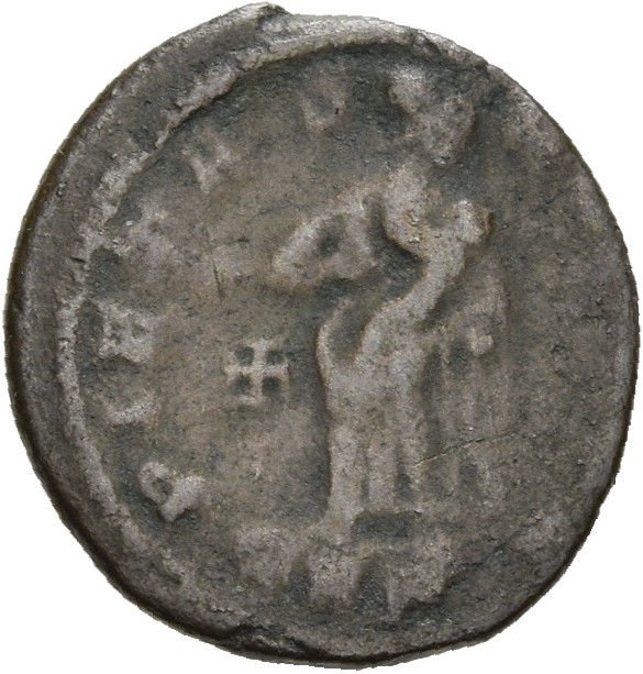 RIC VIII Treveri 43 Constantine II reverse, Pietas, draped, standing front, head right, carrying an infant at her breast i...