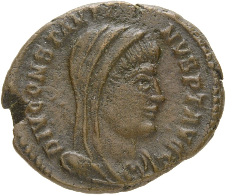 RIC VIII Treveri 44 Constantine II obverse, Bust of Constantine I, veiled, draped, cuirassed, right