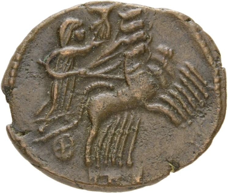 RIC VIII Treveri 44 Constantine II reverse, Constantine I, veiled, draped, riding right in quadriga; Hand of God reaches d...