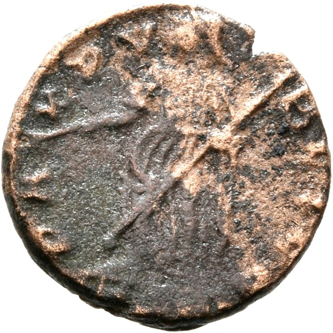 RIC VIII Treveri 47 Constantine II reverse, Pax, draped, standing left, holding branch in right hand and transverse sceptr...