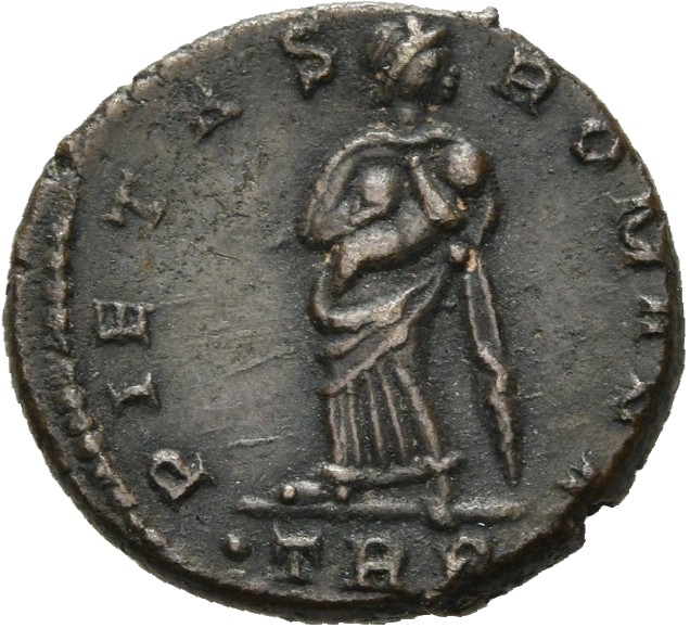 RIC VIII Treveri 48 Constantine II reverse, Pietas, draped, standing front, head right, carrying an infant at her breast i...