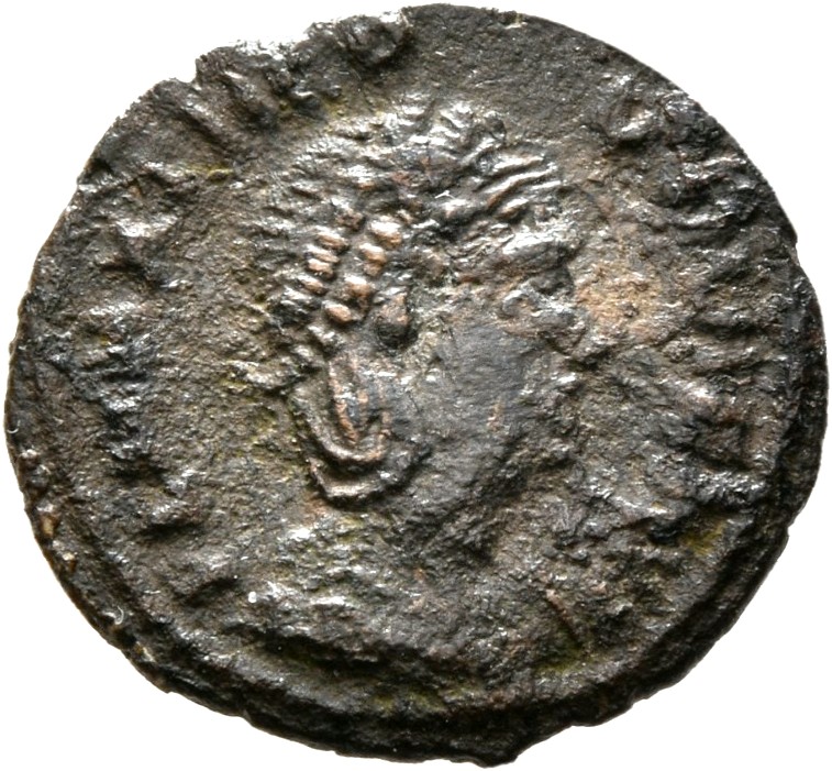 RIC VIII Treveri 48 Constantine II obverse, Bust of Theodora, hair elaborately dressed, wearing plain mantle and necklace,...