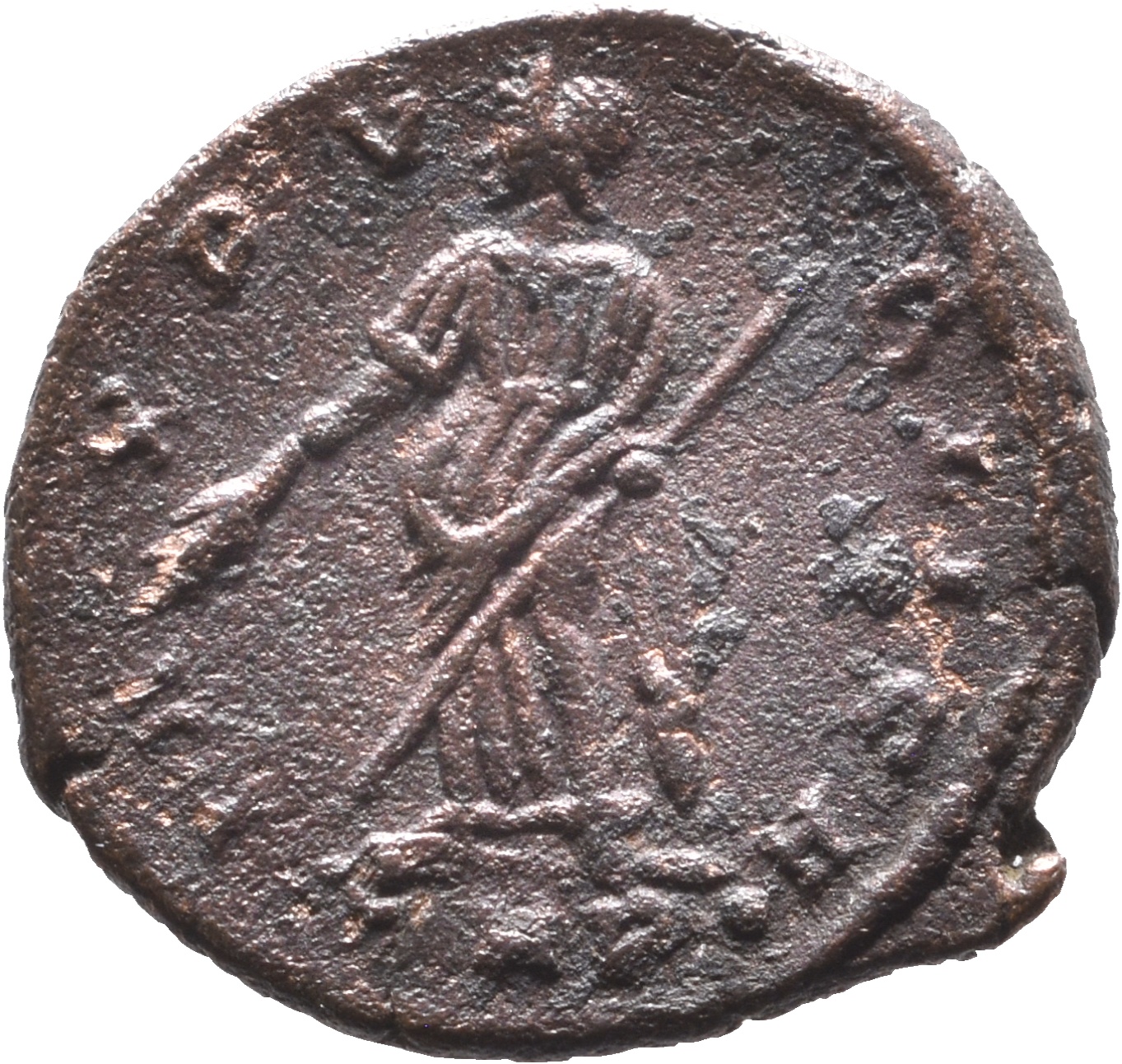 RIC VIII Treveri 55 Constantine II reverse, Pax, draped, standing left, holding branch in right hand and transverse sceptr...