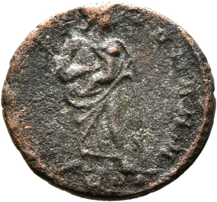 RIC VIII Treveri 56 Constantine II reverse, Pietas, draped, standing front, head right, carrying an infant at her breast i...
