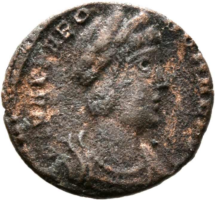 RIC VIII Treveri 56 Constantine II obverse, Bust of Theodora, hair elaborately dressed, wearing plain mantle and necklace,...