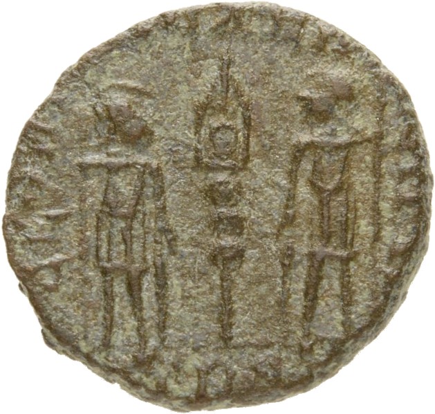 RIC VIII Treveri 58 Constantine II reverse, Two soldiers, helmeted, draped, cuirassed, facing front, heads toward each oth...