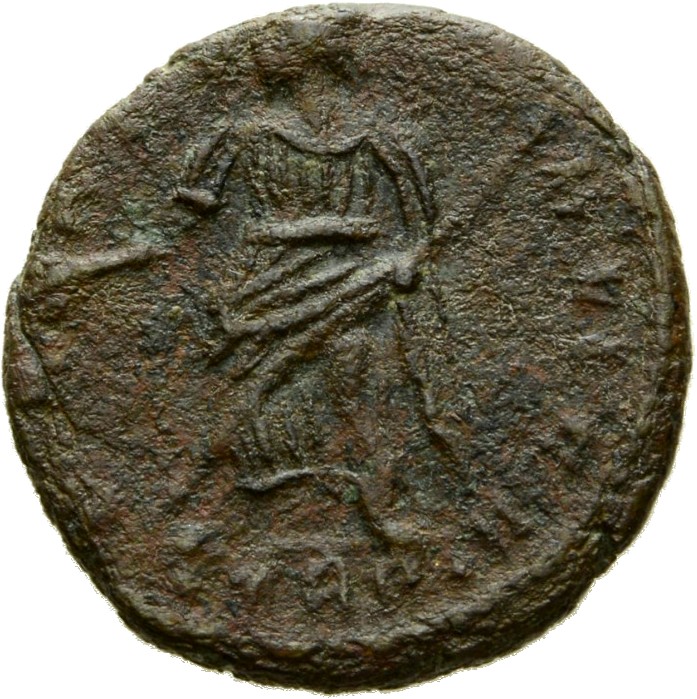 RIC VIII Treveri 63 Constantine II reverse, Pax, draped, standing left, holding branch in right hand and transverse sceptr...