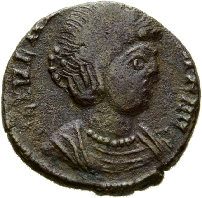 RIC VIII Treveri 63 Constantine II obverse, Bust of Helena, hair elaborately dressed, wearing ornamental mantle and neckla...