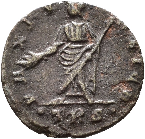 RIC VIII Treveri 63 Constantine II reverse, Pax, draped, standing left, holding branch in right hand and transverse sceptr...