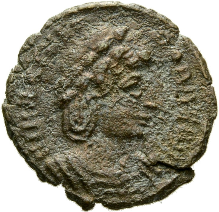 RIC VIII Treveri 65 Constantine II obverse, Bust of Theodora, hair elaborately dressed, wearing plain mantle and necklace,...