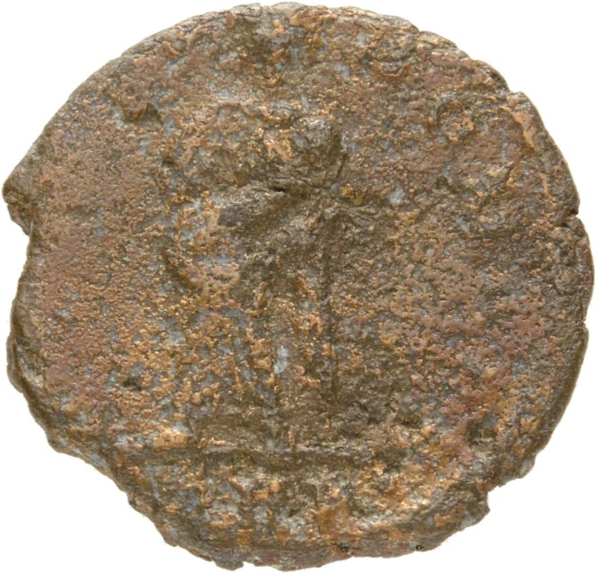 RIC VIII Treveri 65 Constantine II reverse, Pietas, draped, standing front, head right, carrying an infant at her breast i...