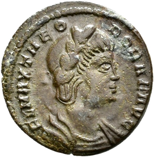 RIC VIII Treveri 65 Constantine II obverse, Bust of Theodora, hair elaborately dressed, wearing plain mantle and necklace,...
