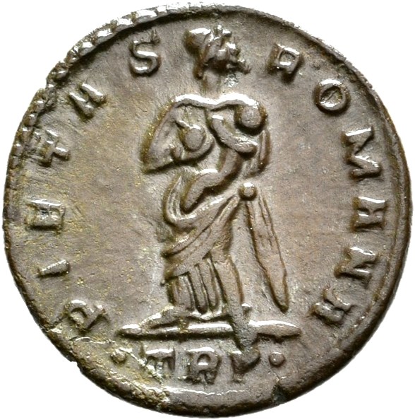RIC VIII Treveri 65 Constantine II reverse, Pietas, draped, standing front, head right, carrying an infant at her breast i...