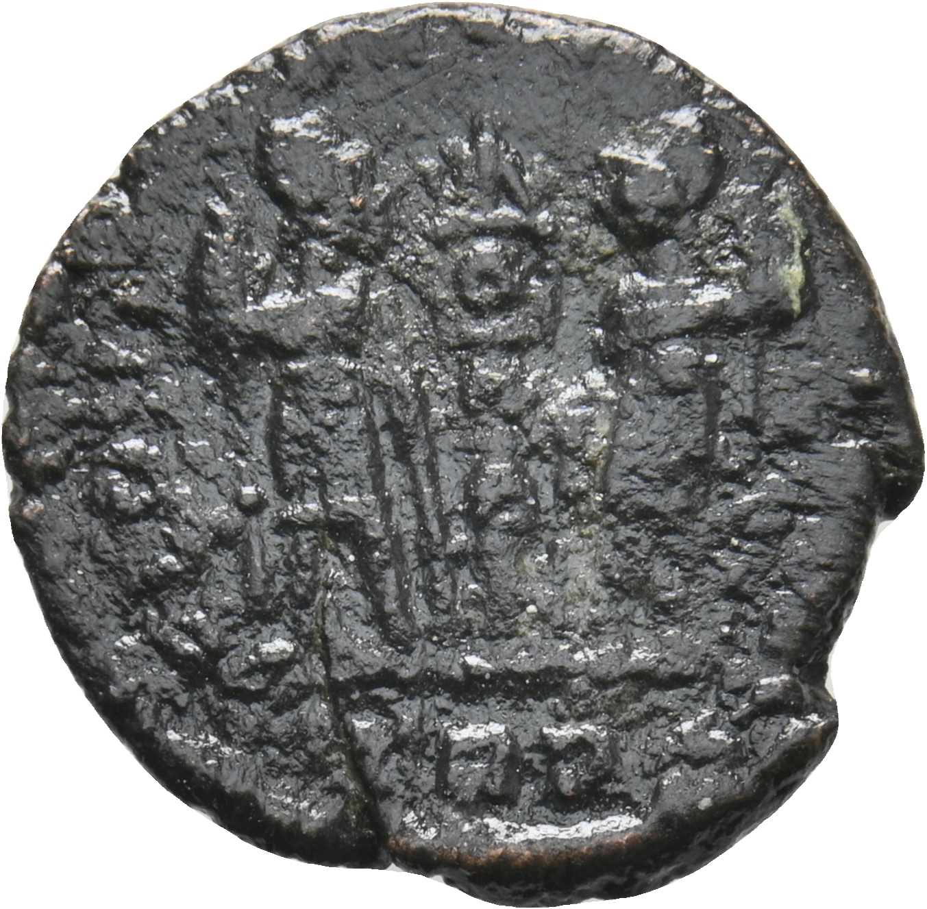RIC VIII Treveri 71 Constantine II reverse, Two soldiers, helmeted, draped, cuirassed, facing front, heads toward each oth...