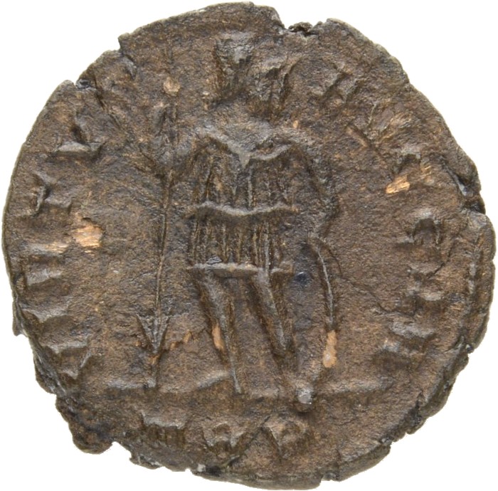 RIC VIII Treveri 74 Constantine II reverse, Soldier, helmeted, draped, cuirassed, standing front, head right, holding spea...