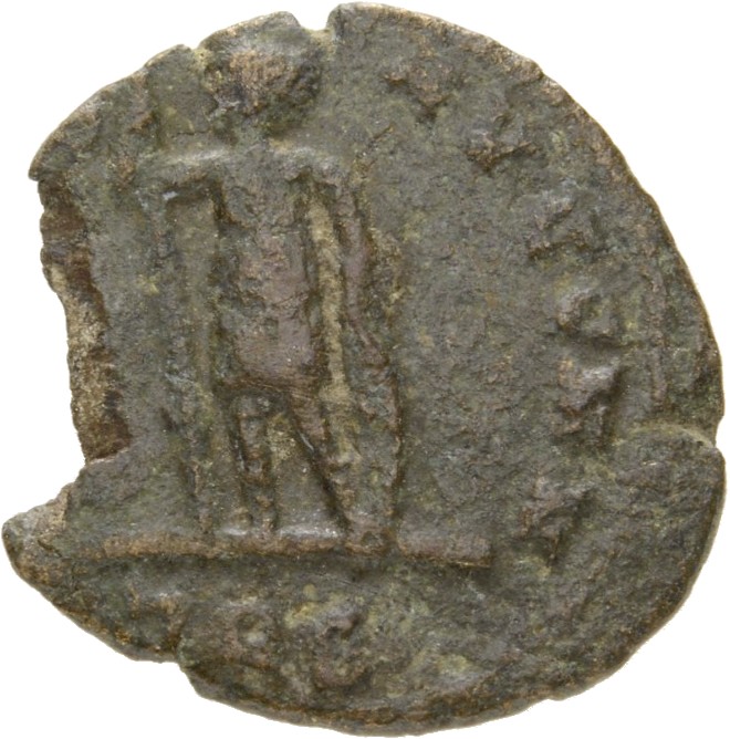 RIC VIII Treveri 76 Constantine II reverse, Soldier, helmeted, draped, cuirassed, standing front, head right, holding spea...