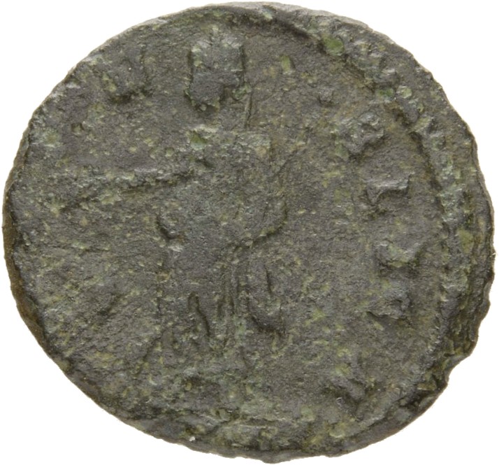 RIC VIII Treveri 78 Constantine II reverse, Pax, draped, standing left, holding branch in right hand and transverse sceptr...