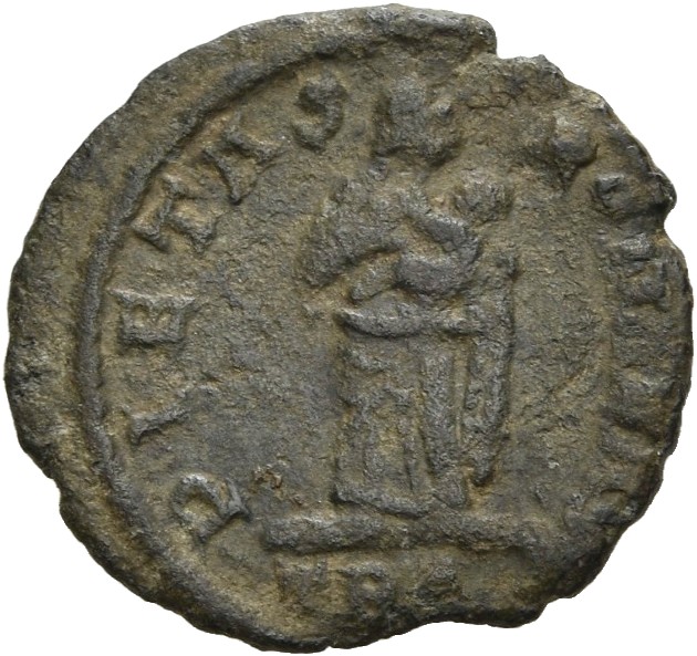 RIC VIII Treveri 79 Constantine II reverse, Pietas, draped, standing front, head right, carrying an infant at her breast i...
