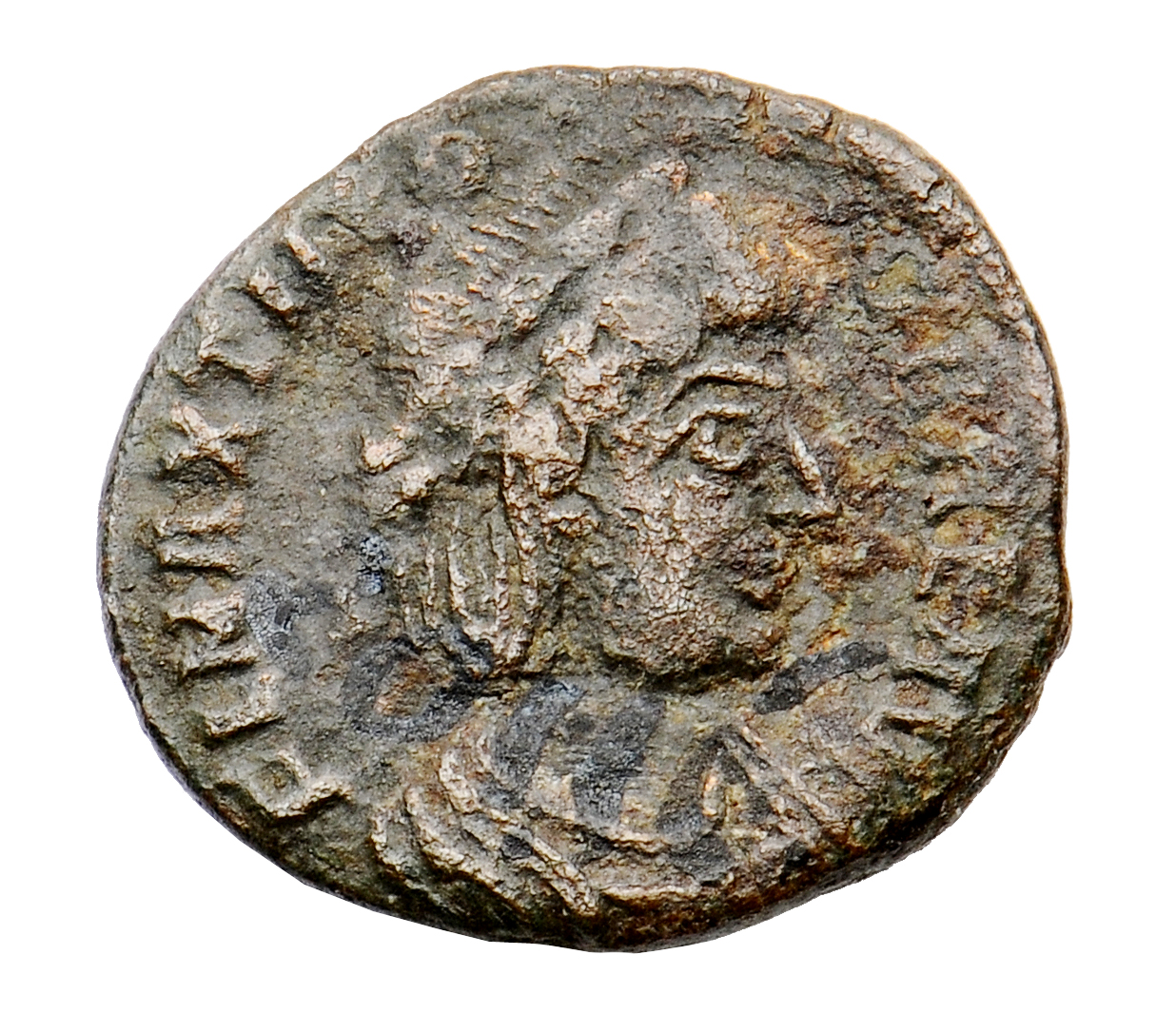 RIC VIII Treveri 79 Constantine II obverse, Bust of Theodora, hair elaborately dressed, wearing plain mantle and necklace,...