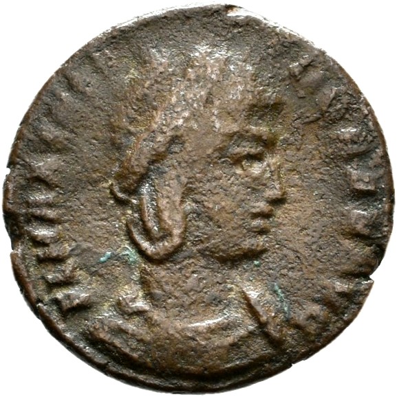 RIC VIII Treveri 79 Constantine II obverse, Bust of Theodora, hair elaborately dressed, wearing plain mantle and necklace,...