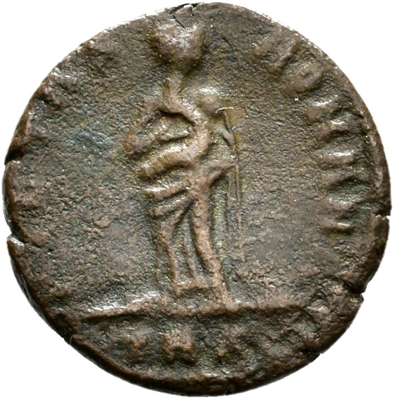 RIC VIII Treveri 79 Constantine II reverse, Pietas, draped, standing front, head right, carrying an infant at her breast i...