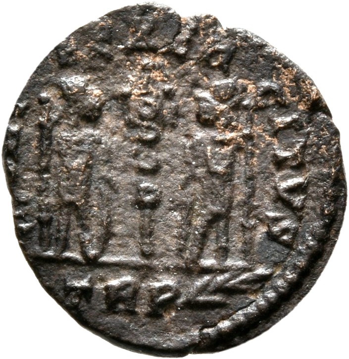 RIC VIII Treveri 82 Constantine II reverse, Two soldiers, helmeted, draped, cuirassed, facing front, heads toward each oth...