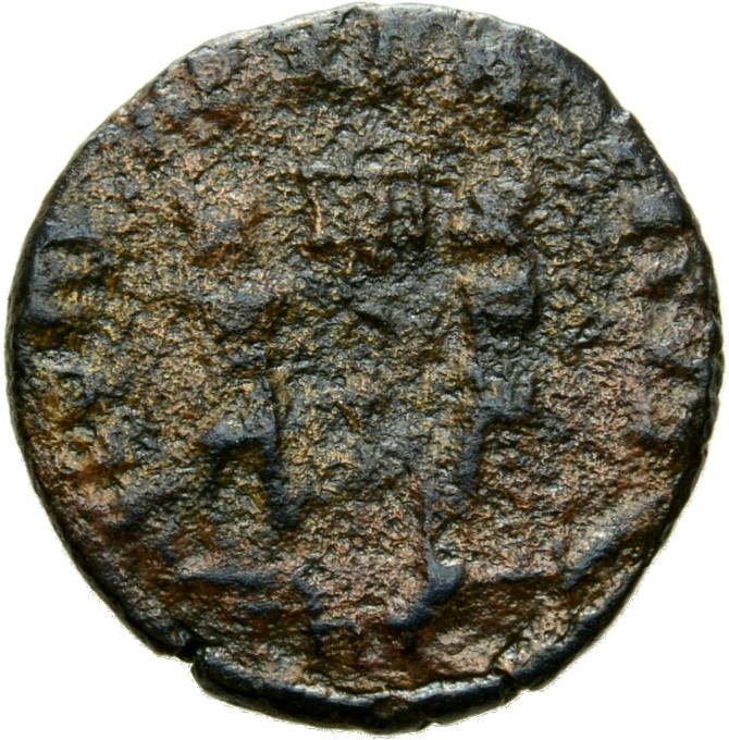 RIC VIII Treveri 85 Constantine II reverse, Two soldiers, helmeted, draped, cuirassed, facing front, heads toward each oth...