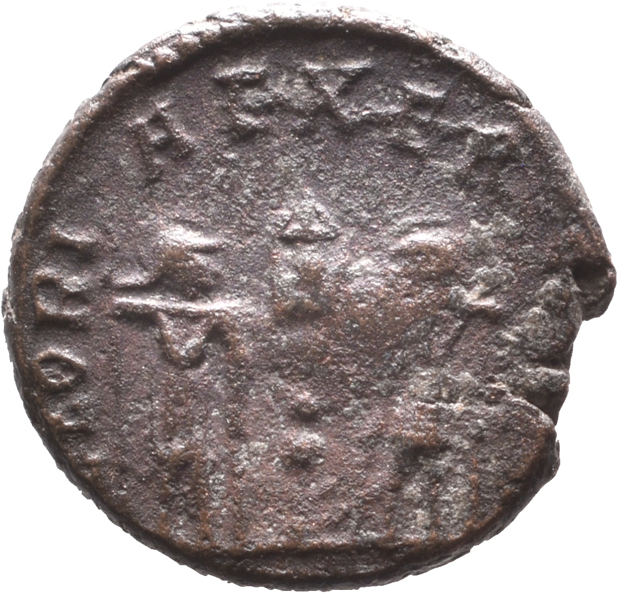 RIC VIII Treveri 85 Constantine II reverse, Two soldiers, helmeted, draped, cuirassed, facing front, heads toward each oth...