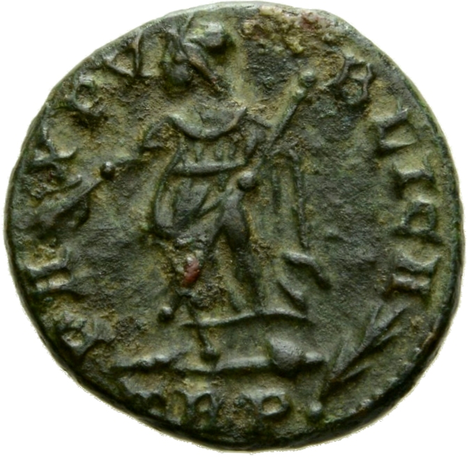 RIC VIII Treveri 90 Constantine II reverse, Pax, draped, standing left, holding branch in right hand and transverse sceptr...