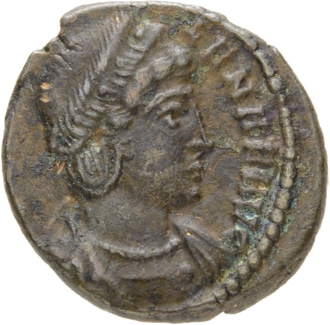 RIC VIII Treveri 90 Constantine II obverse, Bust of Helena, hair elaborately dressed, wearing ornamental mantle and neckla...