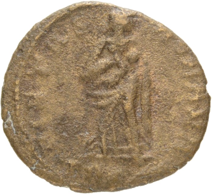 RIC VIII Treveri 91 Constantine II reverse, Pietas, draped, standing front, head right, carrying an infant at her breast i...