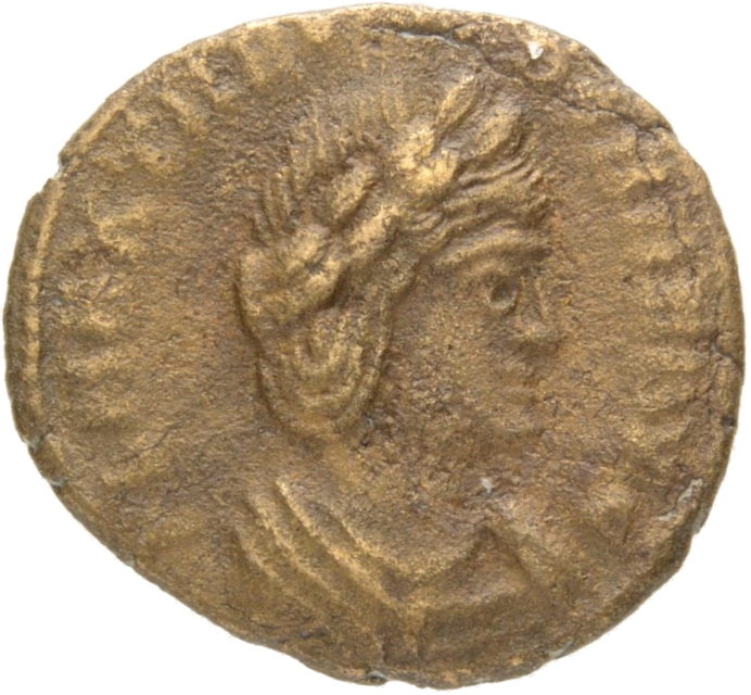 RIC VIII Treveri 91 Constantine II obverse, Bust of Theodora, hair elaborately dressed, wearing plain mantle and necklace,...