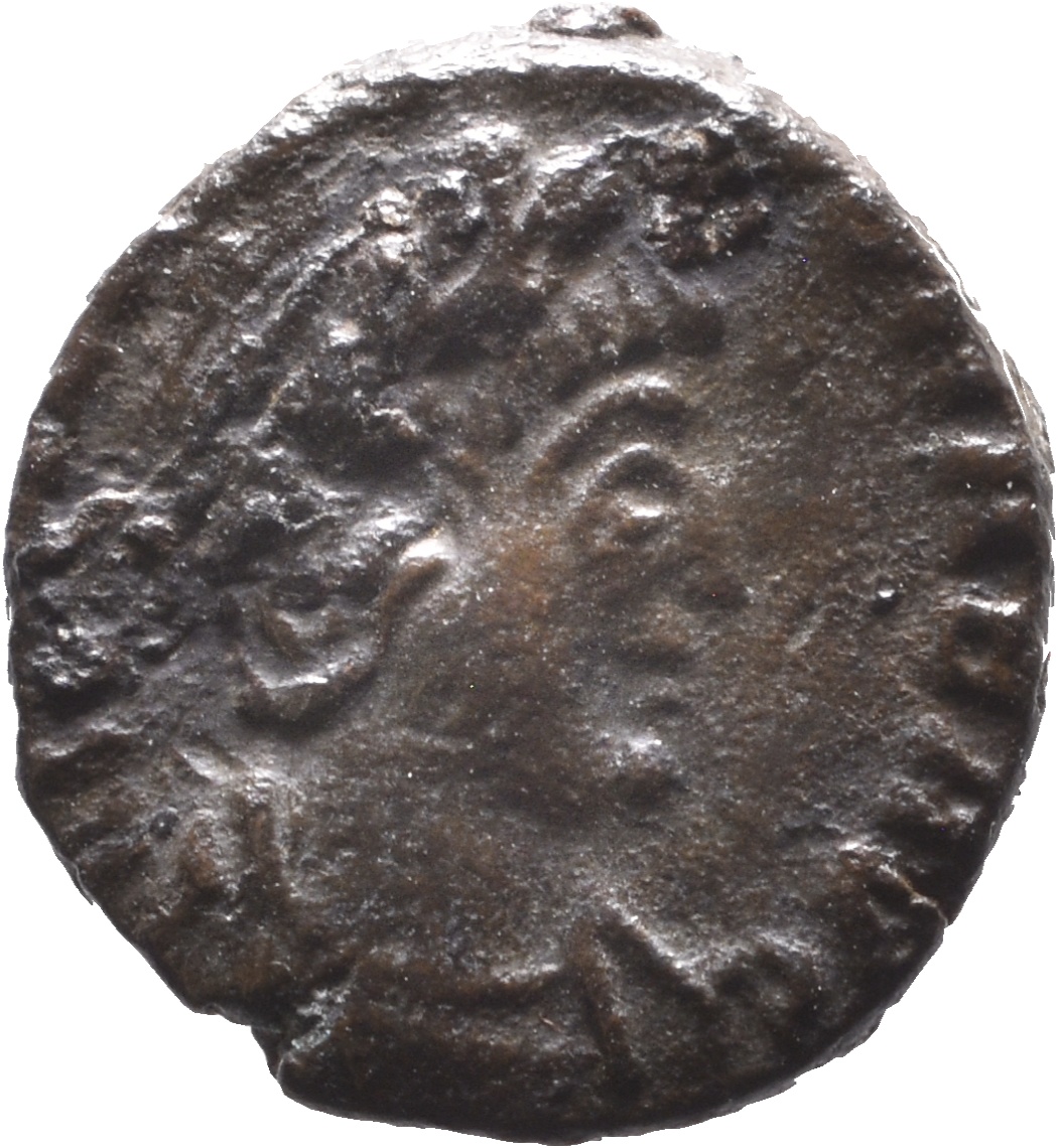 RIC VIII Treveri 91 Constantine II obverse, Bust of Theodora, hair elaborately dressed, wearing plain mantle and necklace,...