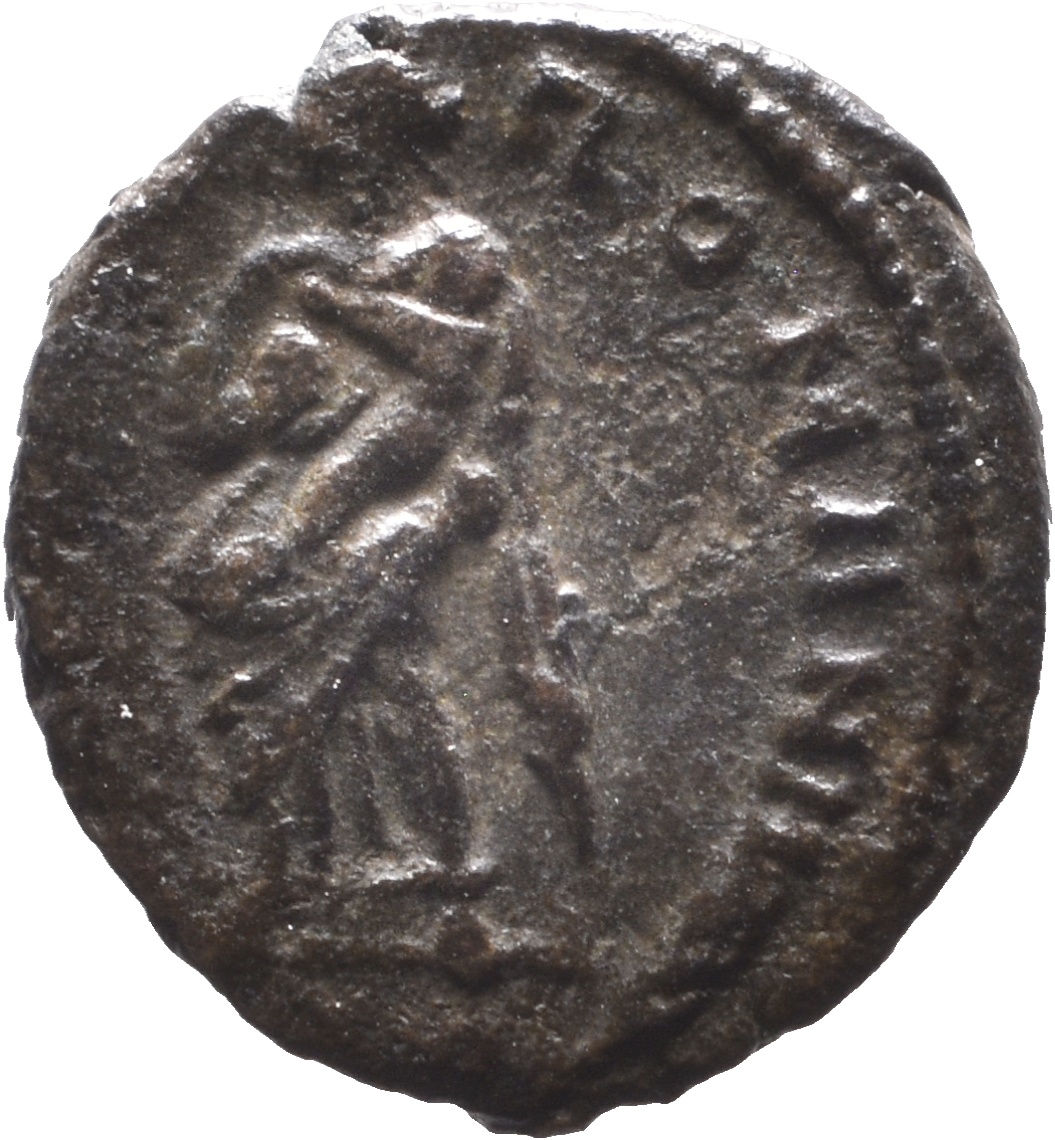 RIC VIII Treveri 91 Constantine II reverse, Pietas, draped, standing front, head right, carrying an infant at her breast i...