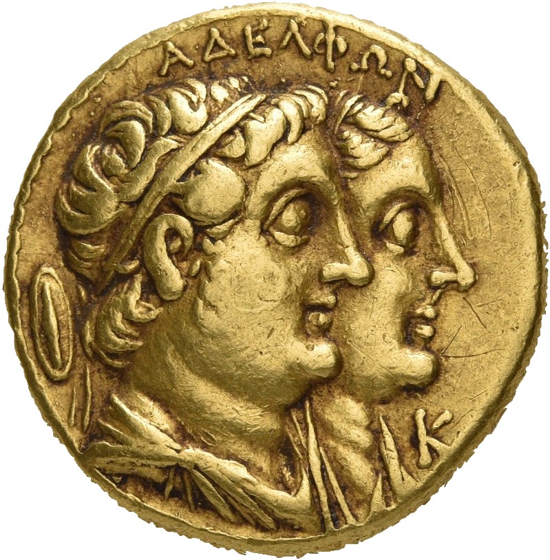LORBER Coins of the Ptolemaic Empire Vol. I, Part 1, no. 311 Ptolemy II obverse, Jugate busts right of Ptolemy II and Arsi...