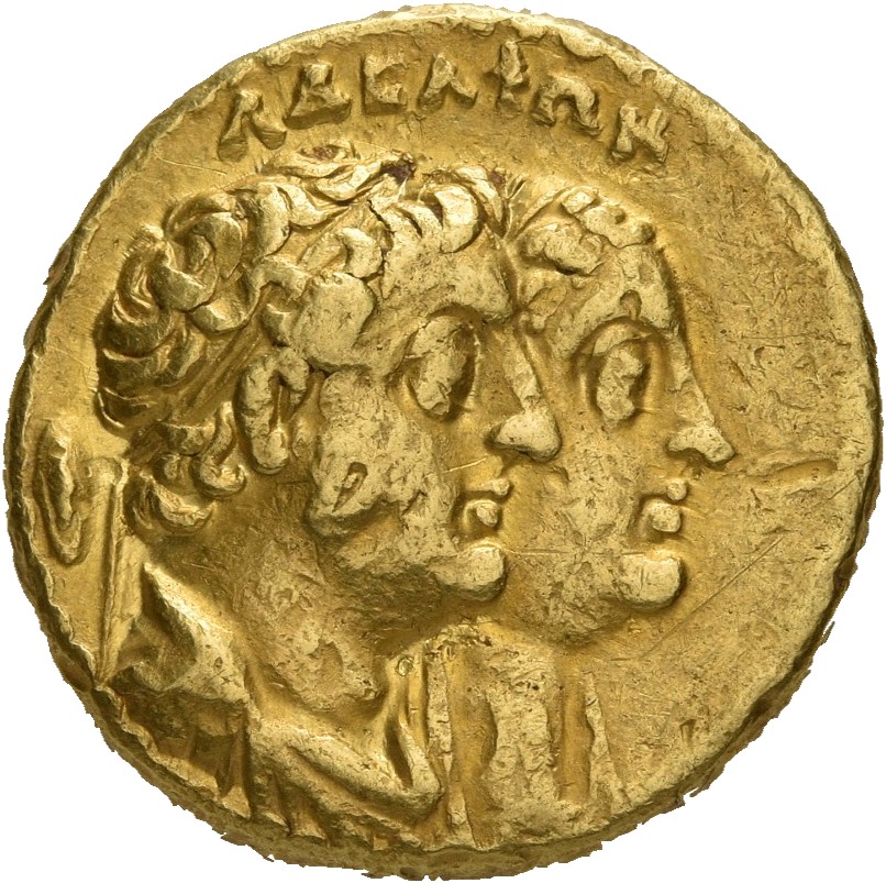LORBER Coins of the Ptolemaic Empire Vol. I, Part 1, no. 314 Ptolemy II obverse, Jugate busts right of Ptolemy II and Arsi...