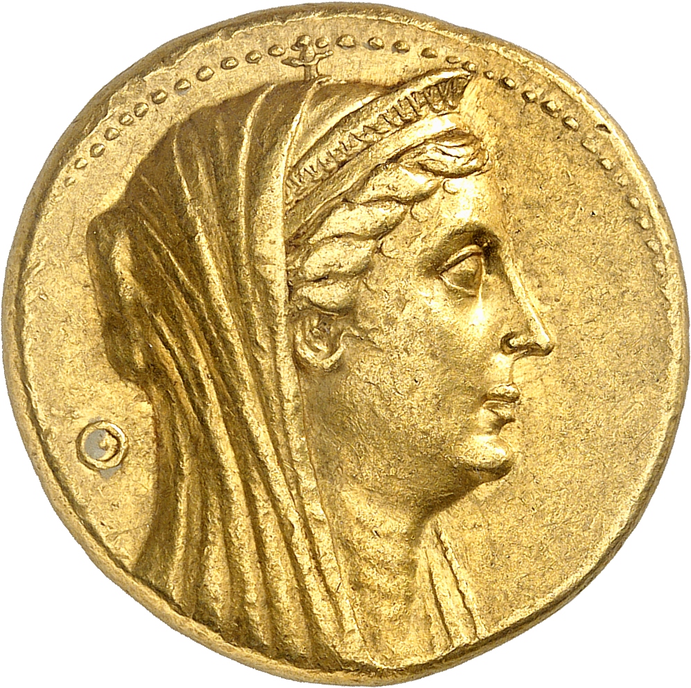 LORBER Coins of the Ptolemaic Empire Vol. I, Part 1, no. 388 Ptolemy II obverse, Veiled Head of deified Arsinoe II right, ...