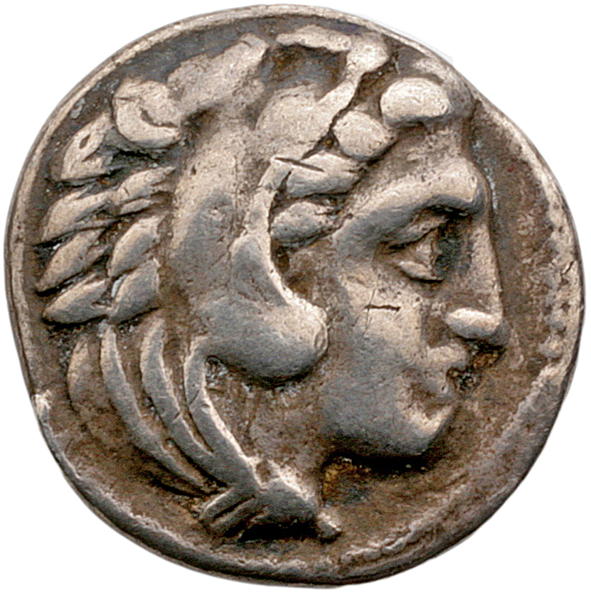 Alexander III obverse — Head of beardless Heracles right wearing lion skin headdress