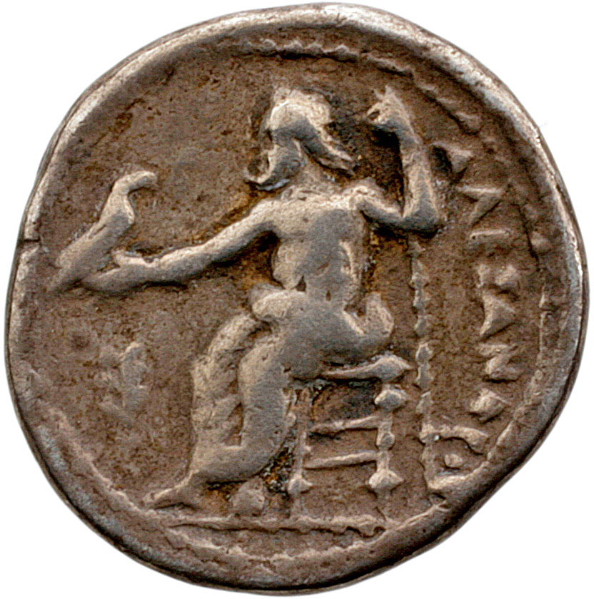 Alexander III reverse — Zeus seated on stool-throne left, eagle on outstretched right hand, sceptre in left hand