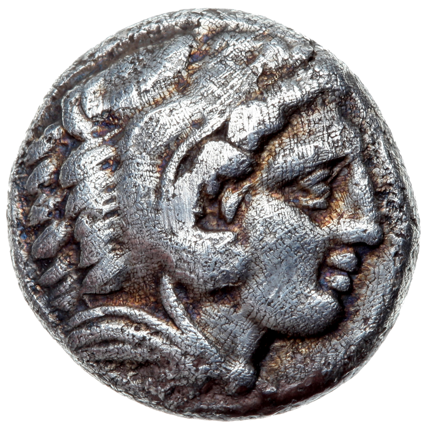 PRICE 151 Alexander III obverse, Head of beardless Heracles right wearing lion skin headdress