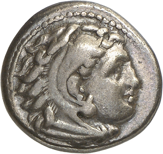 PRICE 1933 Alexander III obverse, Head of beardless Heracles right wearing lion skin headdress