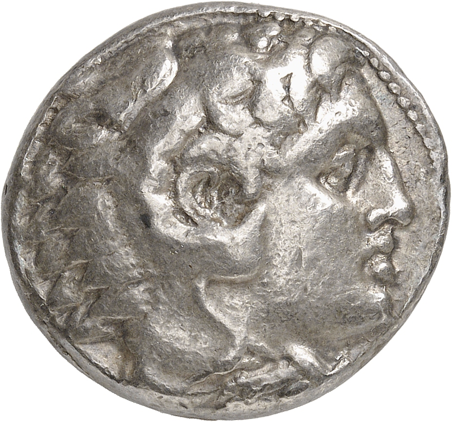 PRICE 195 Alexander III obverse, Head of beardless Heracles right wearing lion skin headdress