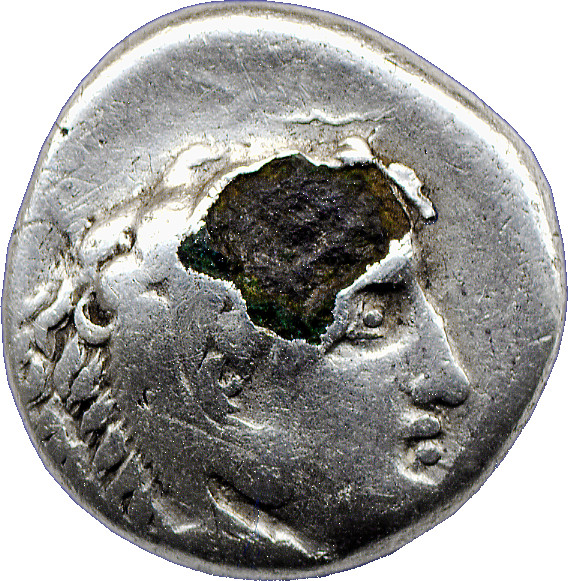 PRICE 22 Alexander III obverse — Head of beardless Heracles right wearing lion skin headdress